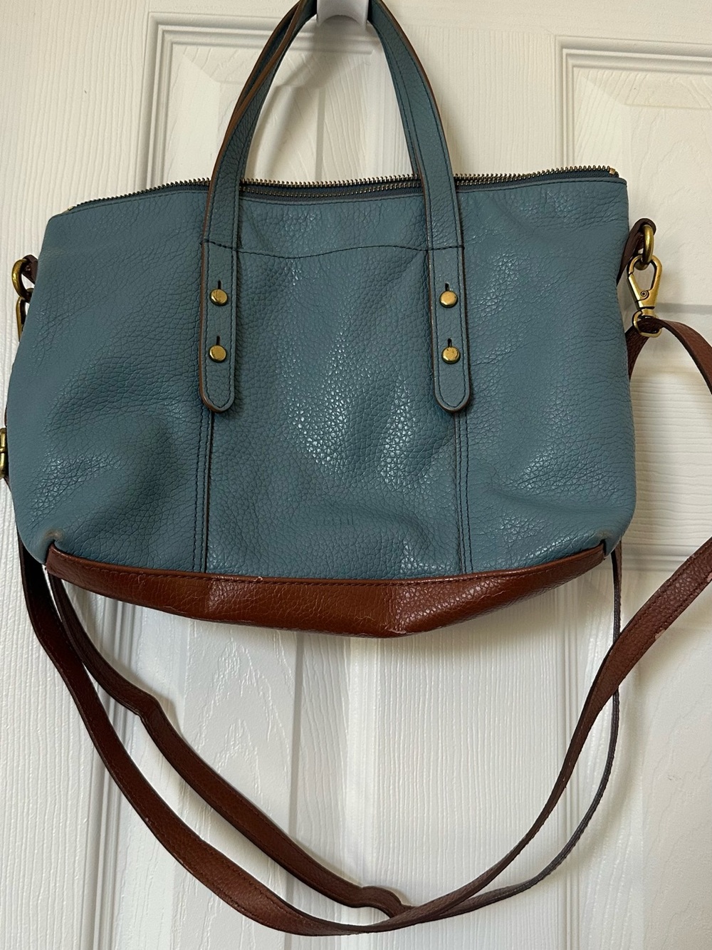 Fossil Teal and Brown Leather Shoulder Bag